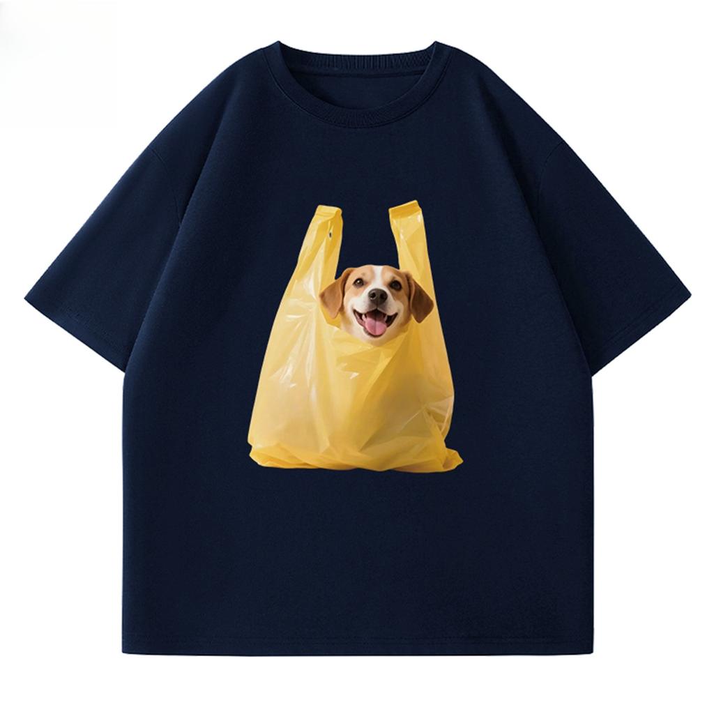 Cute Dog In Yellow Plastic Bag Graphic T Shirt Unisex Oversized Cotton Tee Funny Pet Animal Print Short Sleeve Streetwear Tshirt