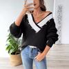 Pearl bead top European and American women's clothing contrasting color splicing large V-neck loose woven sweater pullover sweater