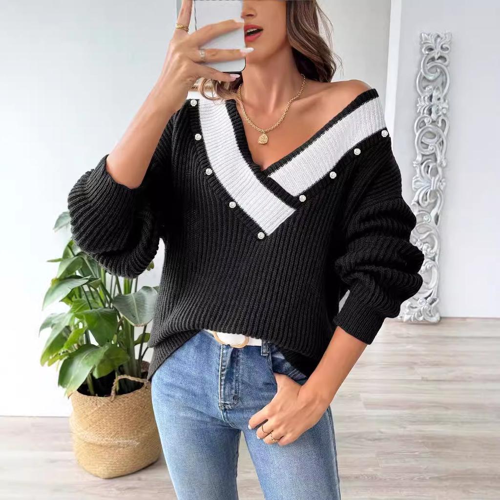 Pearl bead top European and American women's clothing contrasting color splicing large V-neck loose woven sweater pullover sweater