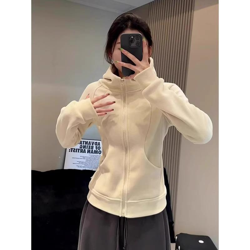 Осень Зима Однотонный Повседневный Модный Свитшот на Молнии Женский Бархатный Простой Универсальный Кардиган Пальто Топ