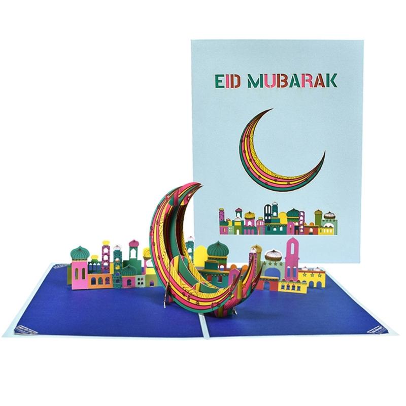 Festive 3D Eid Card Creative Popup Holiday Greeting Cards Built-in Blank Space with Envelope Small Card Party Supplies