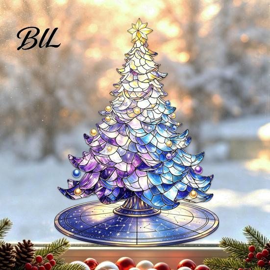 Stained Glass Decorative Decals Style Christmas Tree Static Window Cling, Gradient Starry Sky Removable Holiday Xmas Sticker, Reusable PVC Decor