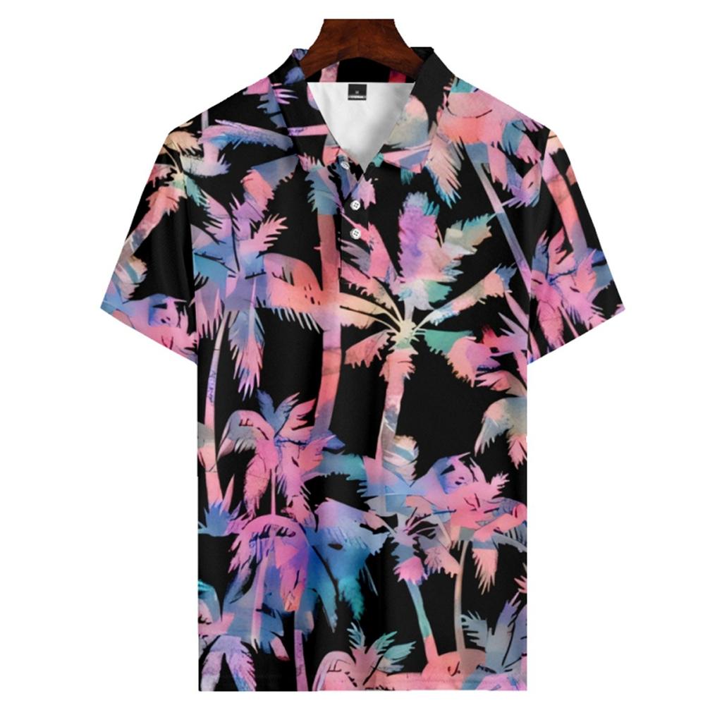 Men's Summer Hawaii Printed Golf Shirt Botton Short Sleeve Top Men's Casual Fashion Shirt