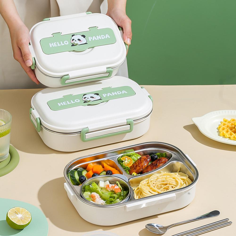 Stainless Steel Lunch Container Microwave Safe 2/4/5 Grids with Cutlery Set Panda for Adults Kids for Children School Picnic