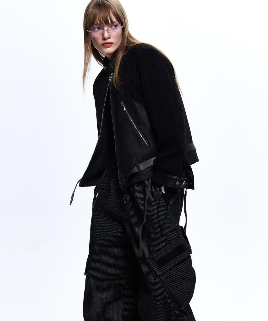 Rssc Knit & Denim Belted Biker Jacket - Black