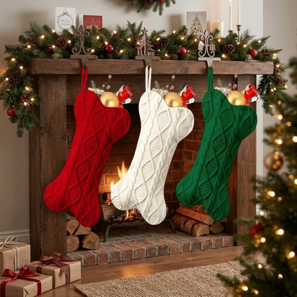Bone Shape Gift Storage Bag Cable Knit Hanging Ornament Cute Christmas Stocking Fireplace