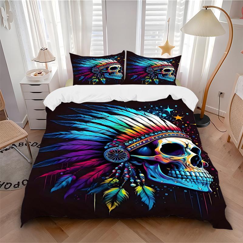 3pcs Colorful Indian Chief Skull Home Decor Bedding Set - Includes One Quilt Cover and Two Pillowcases (No Core) - Festival Gift for Bedroom and Guest