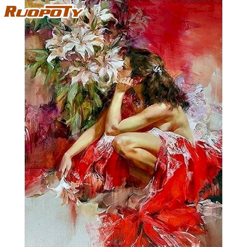 RUOPOTY Длинная юбка, женские наборы для рисования по номерам «сделай сам», для взрослых, рисунок, картина маслом, ручная роспись, холст, картина для настенного искусства 40x50 см