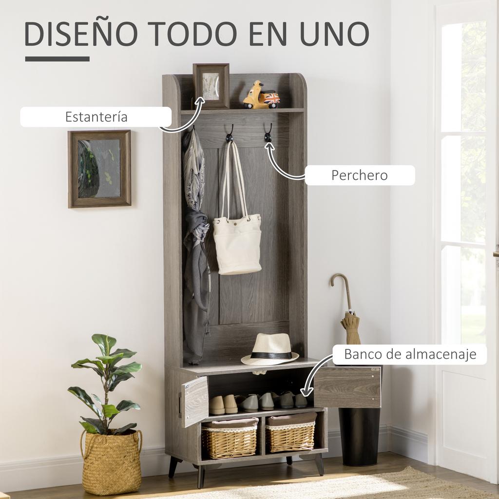 Coat Rack with Shoe Cabinet Entryway Hallway Coat Rack with 3 Hooks 2 Doors 2 Compartments and Shelf 60x34x170 cm Grey