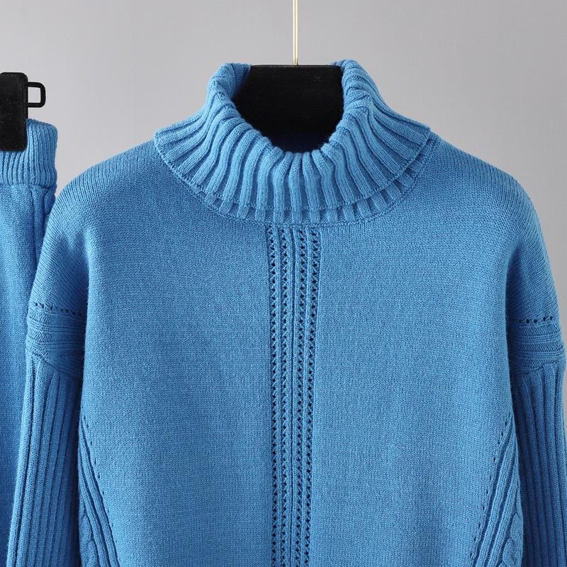 GMXIA Пуловер с высоким воротом, утолщенный вязаный свитер, повседневный модный комплект для женщин на осень и зиму, свободный и непринужденный стиль, широкие брюки, комплект из двух частей