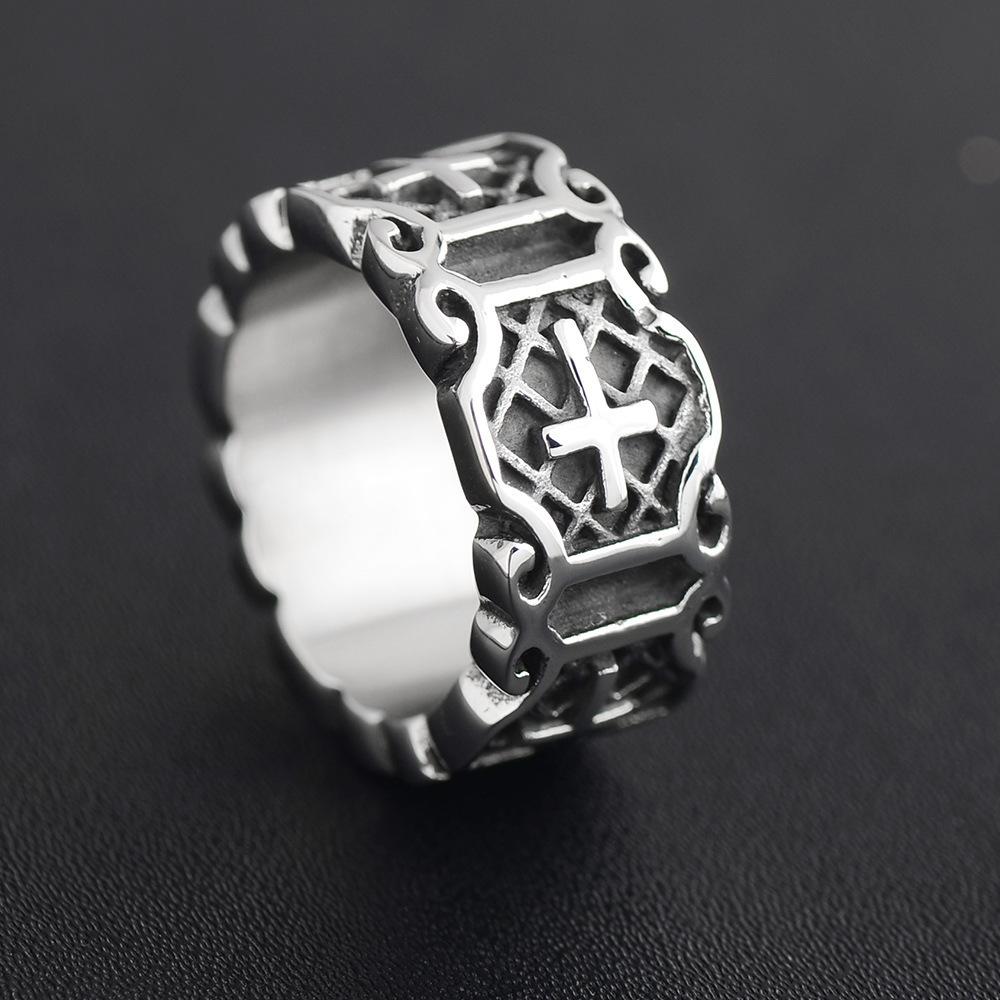 Punk Rock Trendy Men's Cross Titanium Steel Ring European and American Retro Stainless Steel Men's