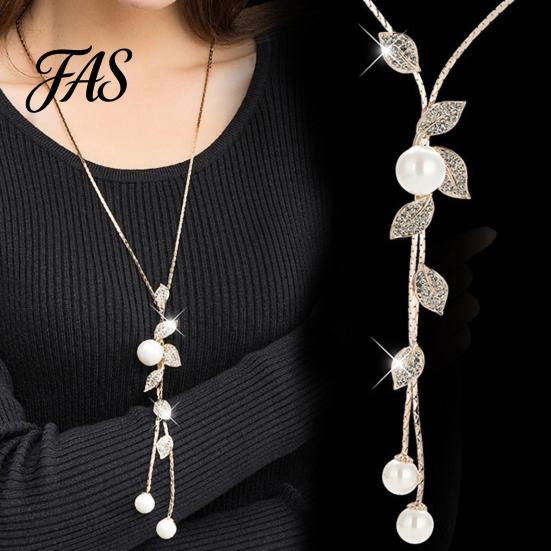 Necklace Faux Pearl Tassel Leaves Pendant Exquisite Beautiful Accessories Sweater Chain Jewelry Gift for Women