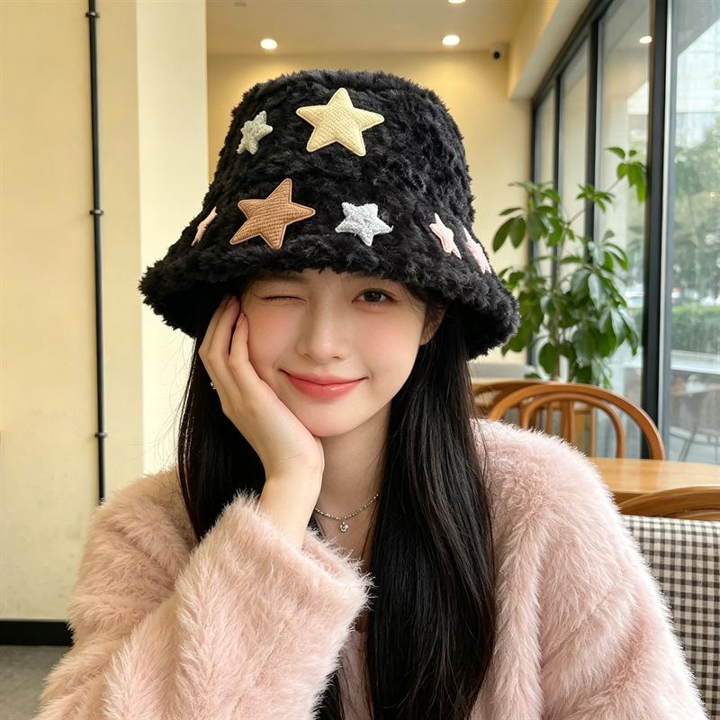 Women S Plush Star Bucket Hat Cute Warm Sun Protection For Autumn Winter
