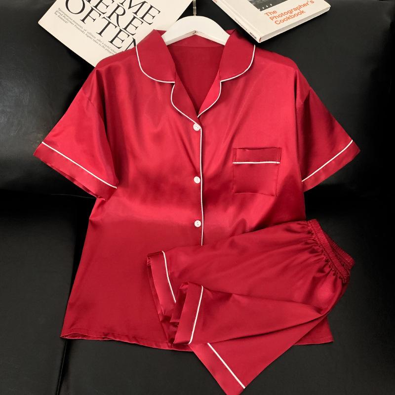 Solid Color Ice Silk Pajamas Women'S Summer Thin Foreign Style High-Value Short-Sleeved Loungewear Two-Piece Set Can Be Worn Outside