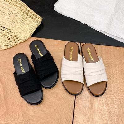 Пляжная обувь Льняные Плиссированные Балетки Женские Шлепанцы для Ношения на Улице