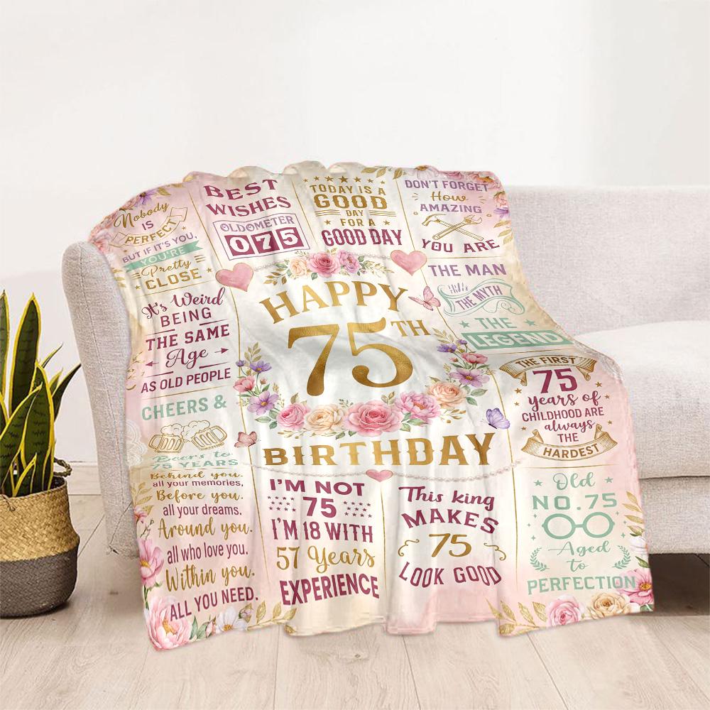 75th Birthday Celebration Blanket Comfortable Suitable for Bed Picnics Livingroom Four Seasons Multipurpose Playful Design