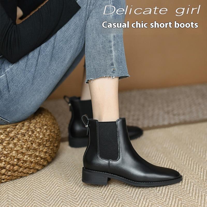 Women's Short Boots British Style Thick Heels Thick Sole Thin Spring and Autumn Single Boots