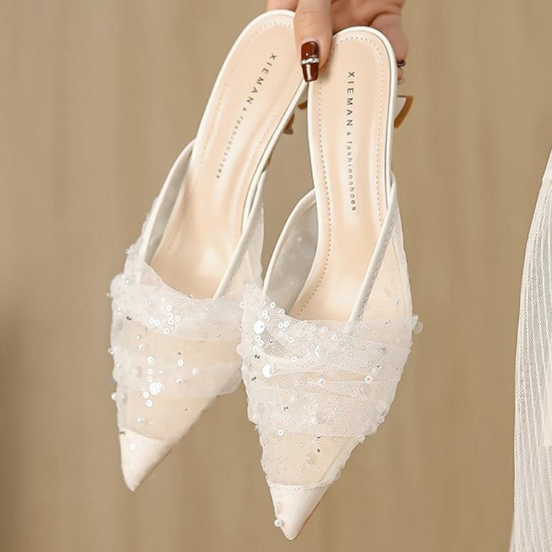 Fashion Comfort Mesh String Bead Design Brand Slippers Women Pointed Toe Kitten Heel Slide Sandals Elegant Fashion Wedding Bridal Shoes