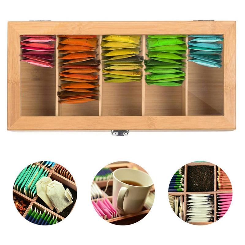 Wooden Tea Bag Organizer with Flip-Top Lid