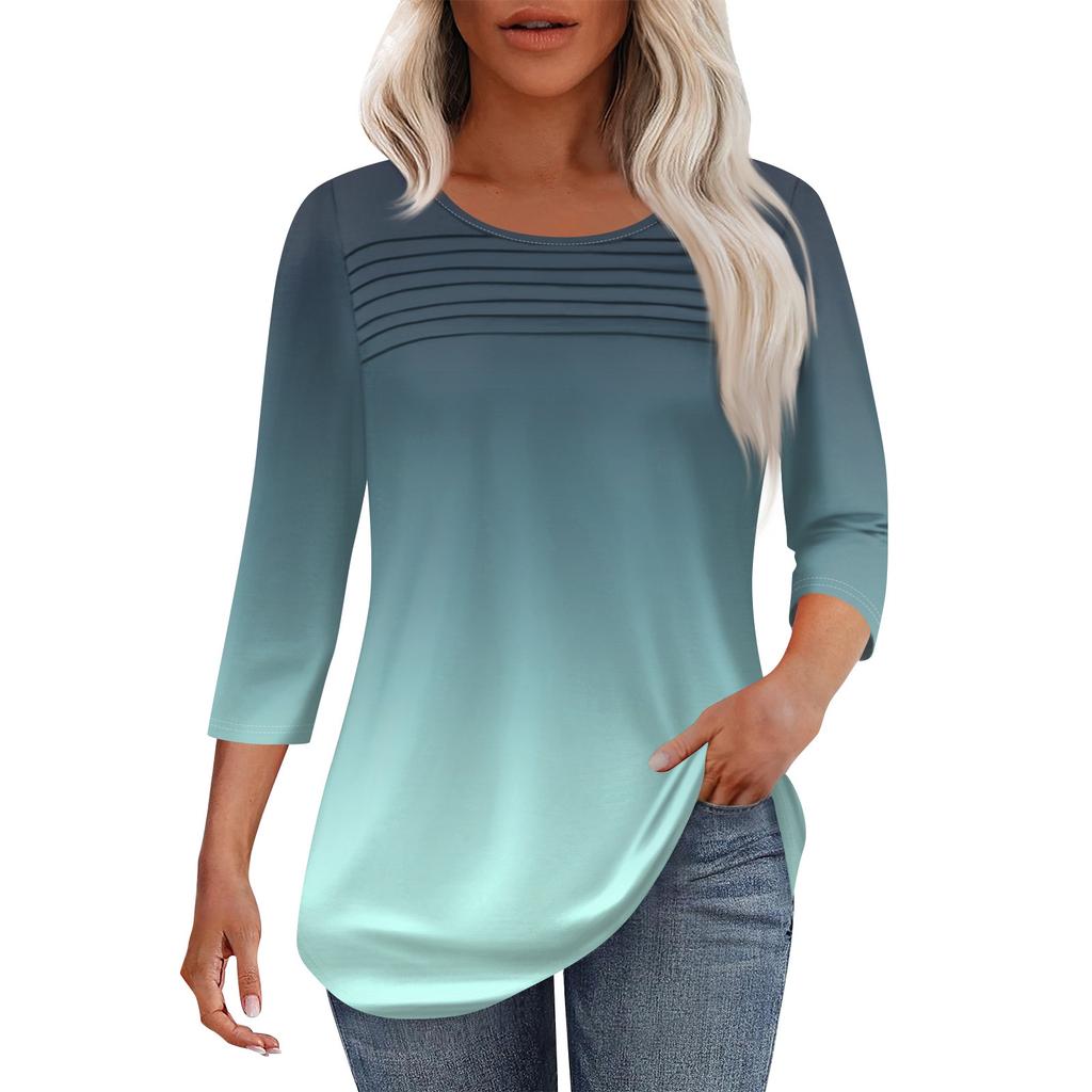 Women's Fashion Round Neck Pleated Front Placket Solid Color 3/4 Sleeve Top