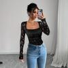 Women's Lace Floral Square Neck Ruffled Design Long-sleeved T-shirt Tops Women Versatile Closet Essential Fashion Items Shirt