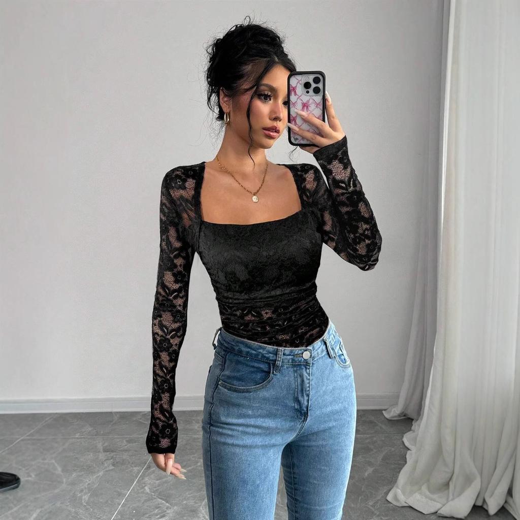 Women's Lace Floral Square Neck Ruffled Design Long-sleeved T-shirt Tops Women Versatile Closet Essential Fashion Items Shirt