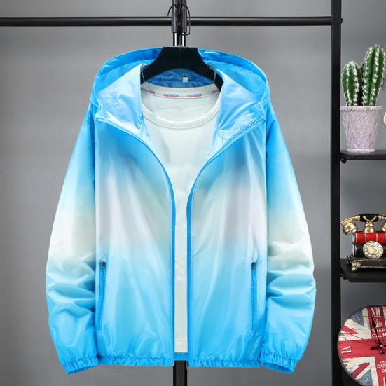 Мужская куртка для защиты от солнца, уличная куртка, ветронепроницаемая, УФ-защита, тонкая, дышащая, быстросохнущая, градиентный контрастный цвет, с капюшоном, длинные рукава, застежка-молния, Мужская