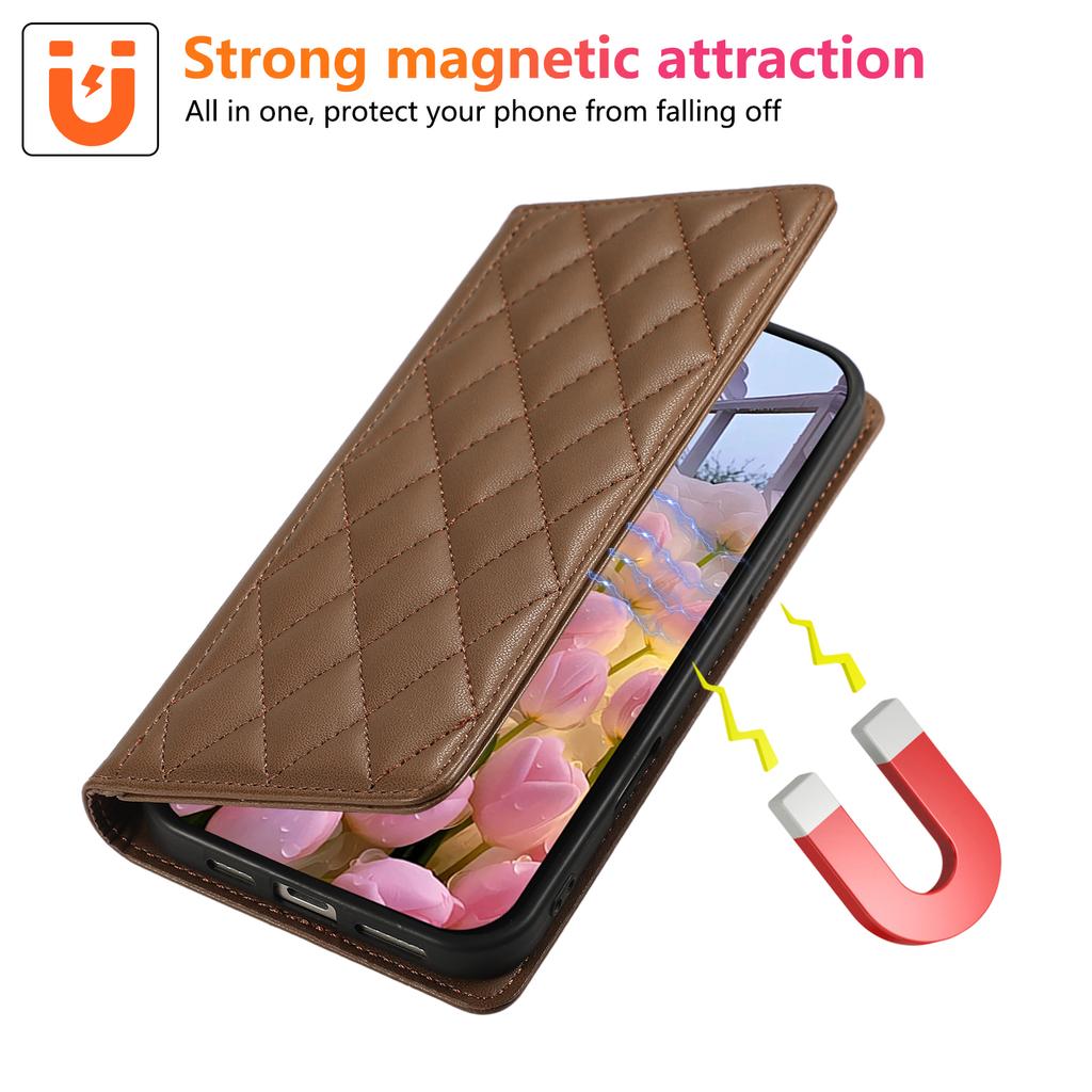 For iPhone 16e Case RFID Blocking Wallet Stand Rhombus Leather Phone Cover with Wrist Strap