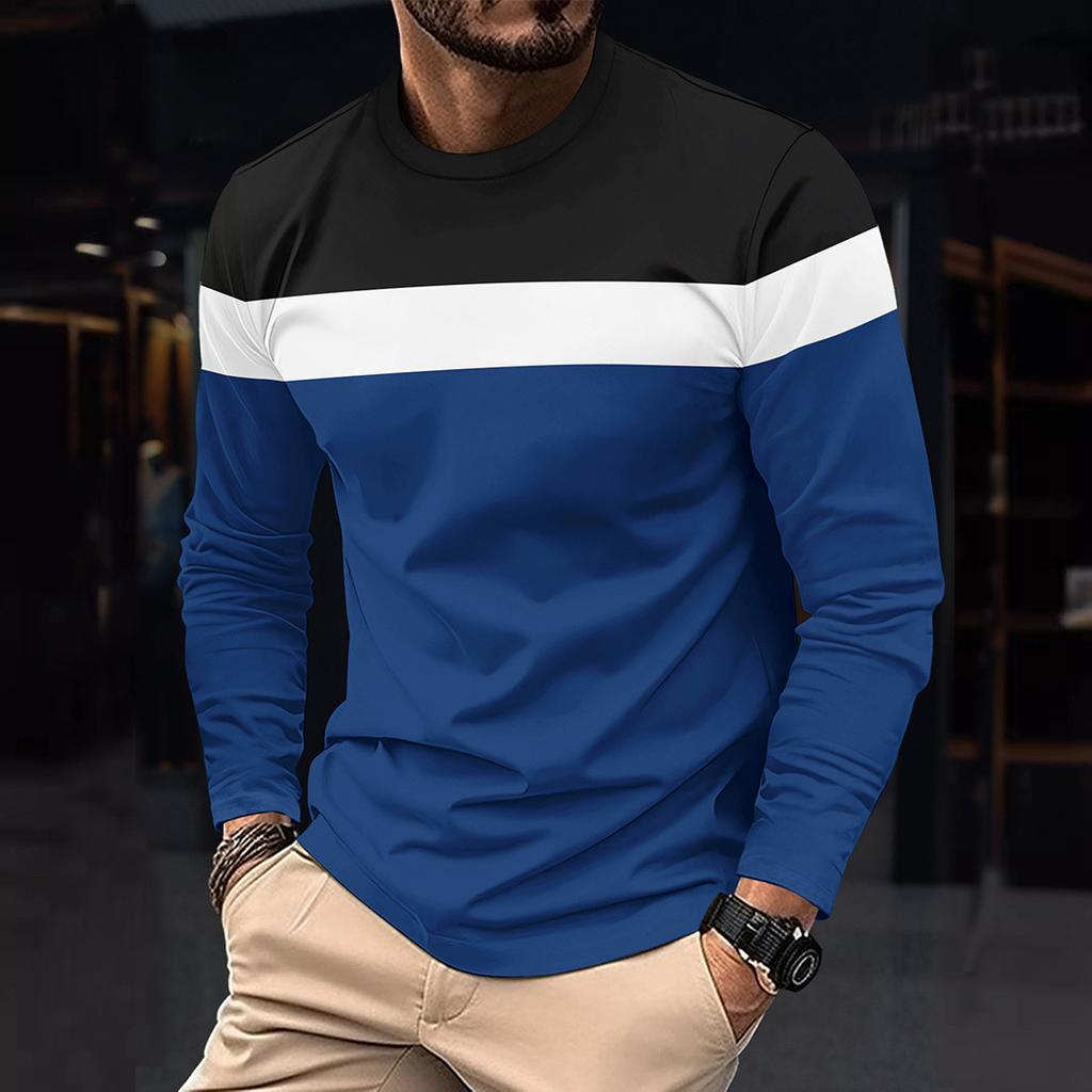 Autumn and Winter Plus Size Round Neck Long Sleeved Color Blocked Base Shirt Pullover Men's T-shirts