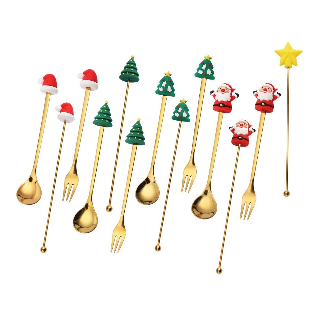 2 шт. Кофейная ложка из нержавеющей стали Рождественская десертная ложка Вилка для торта Мультяшная Рождественская елка Лось Ложка Вилка Рождественская подарочная коробка