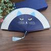 Cat Patterns Summer Gift Handmade Bamboo Wooden Fan Crafts Folding Fan Home Decoration Silk Fan