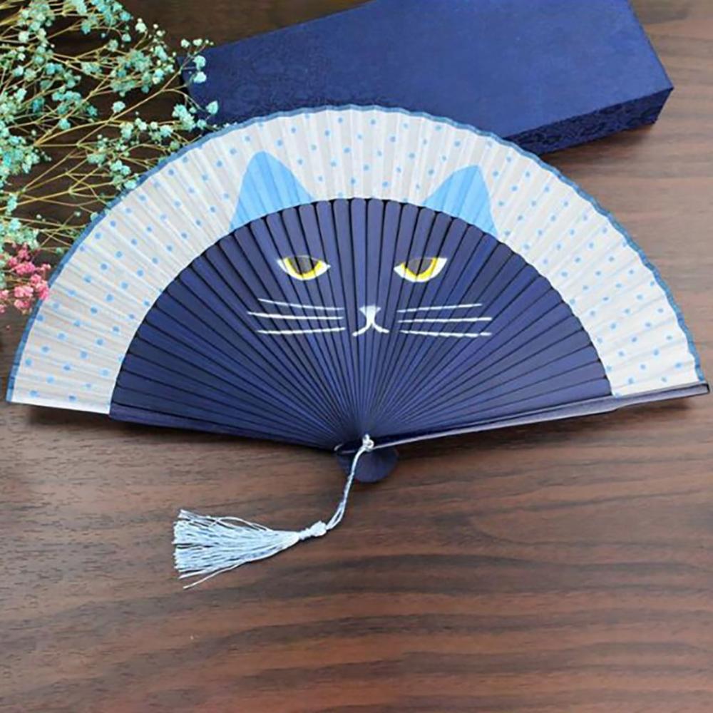 Cat Patterns Summer Gift Handmade Bamboo Wooden Fan Crafts Folding Fan Home Decoration Silk Fan
