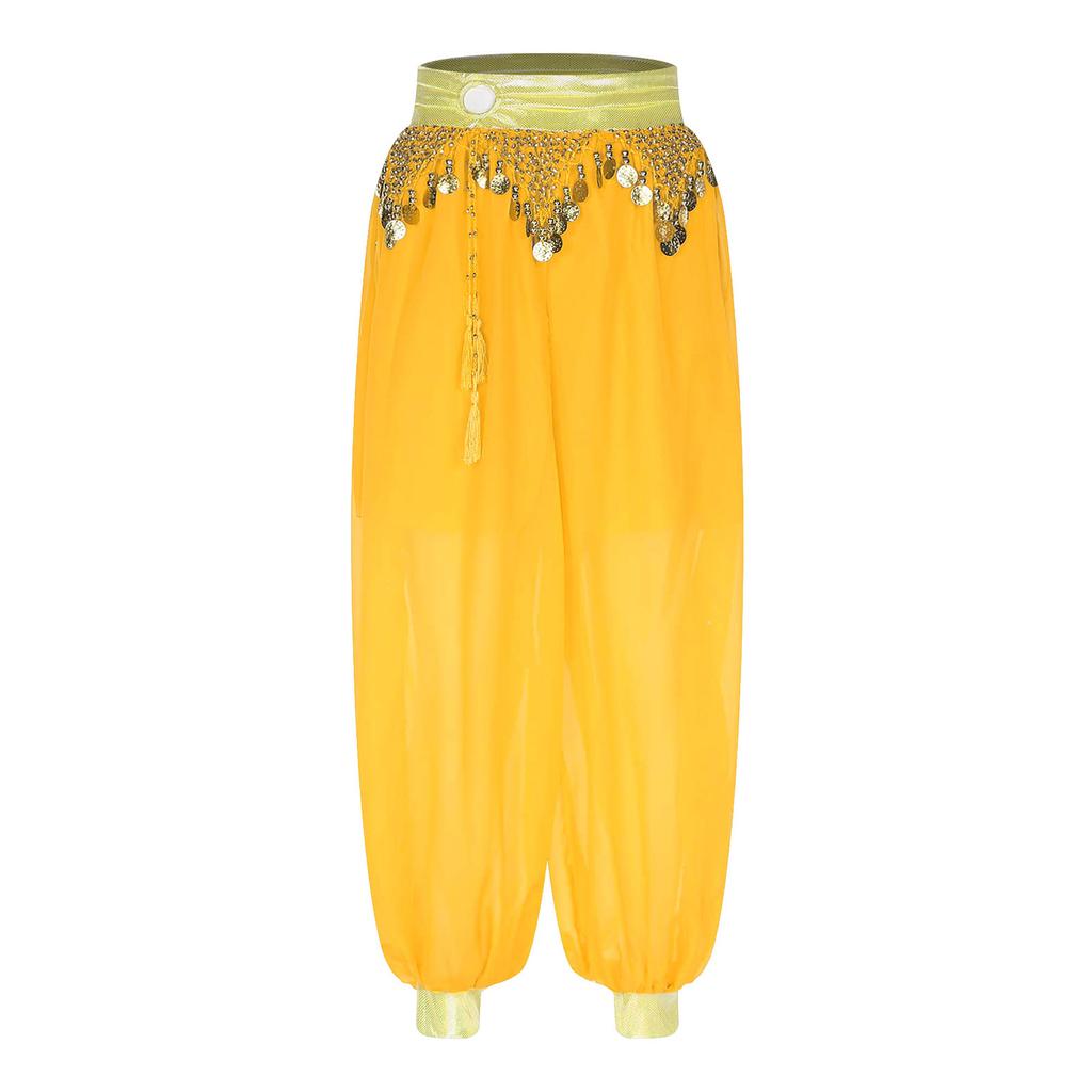 Womens Belly Dance Costume Chiffon Bloomers Plastic Beads Tassels Metallic Ruched Waistband Side Split Pants