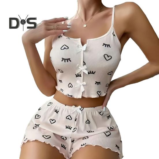 Женский пижамный комплект из 2 предметов с принтом, укороченный топ без рукавов и шорты, комплект одежды для сна, летние комплекты для отдыха в рубчик