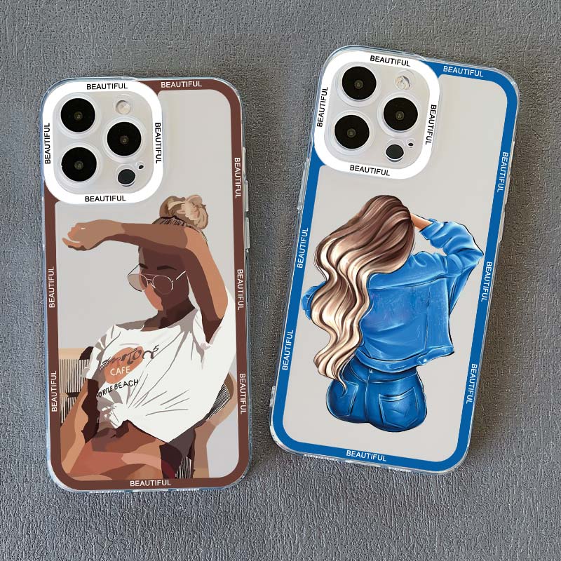 Pretty Girl Clear Phone Case For iPhone 11 12 13 Pro Max 15 14 Pro Max Plus X XS XR 7 8 Plus SE 2020 Transparent Back Cover Capa