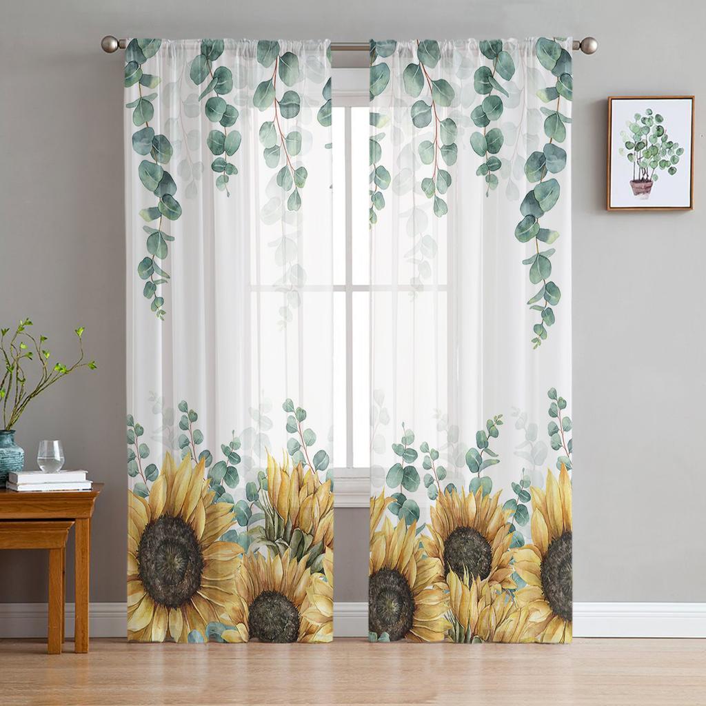 Eucalyptus Leaves Sunflower Flower Sheer Curtains Home Window Decorations Voile Tulle Curtains For Living Room Bedroom Kitchen