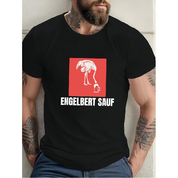 Men's black short sleeve t-shirt with funny Engelbert Sauf graphic, crew neck, relaxed fit, soft cotton feel, perfect for casual wear or beer lovers