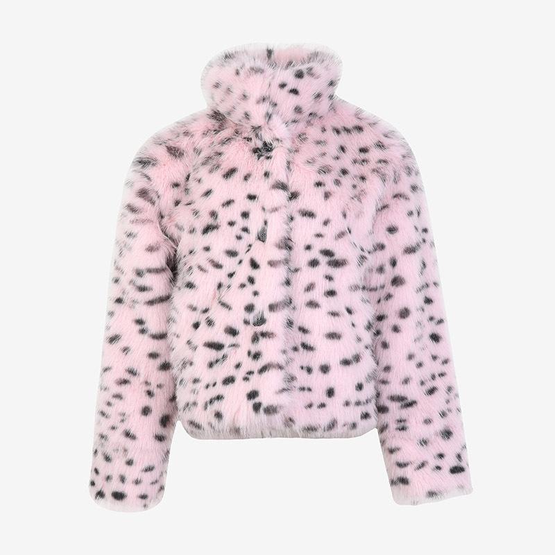 European and American sweet and cute furry coat leopard print winter pocket thickened stand-up collar casual top environmentally friendly imitation