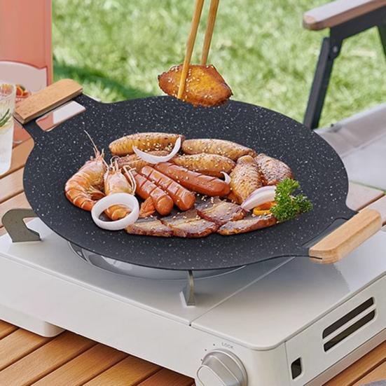 Cast Iron Baking Tray with Handles Non-stick Round Frying Pan for BBQ Steak Seafood Vegetables Pancakes Multifunctional Grill Pan for Stove Campfire