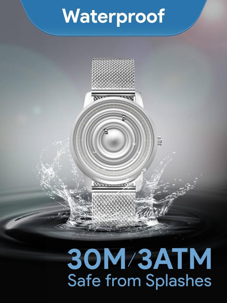 Магнитные часы с шарикоподшипником, дизайн унисекс, кварцевые часы, минимализм, повседневные, водонепроницаемые, 40 мм, черный циферблат, черный ремешок из нержавеющей стали, сетчатый ремень [EUTOUR]