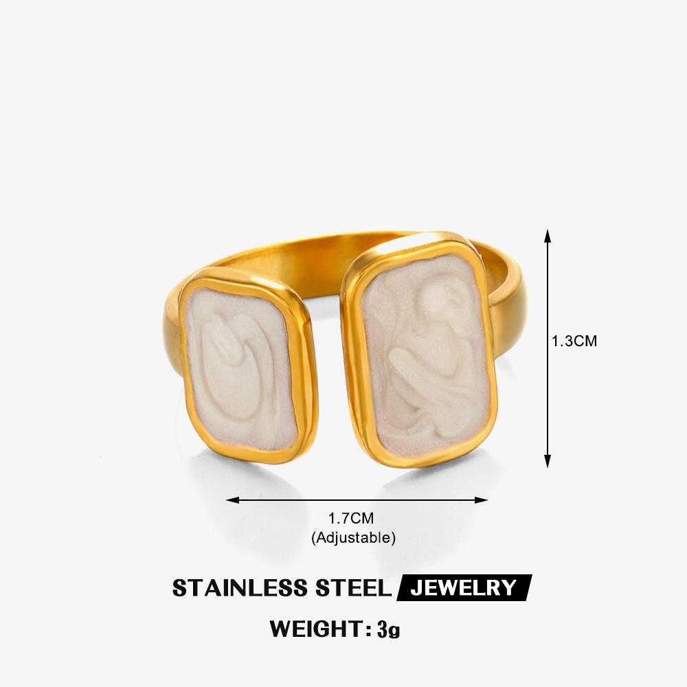 Stainless Steel White Dripping Oil Opened Ring for Women Square Vintage Gold Color Geometric Adjustable Finger Ring Jewelry