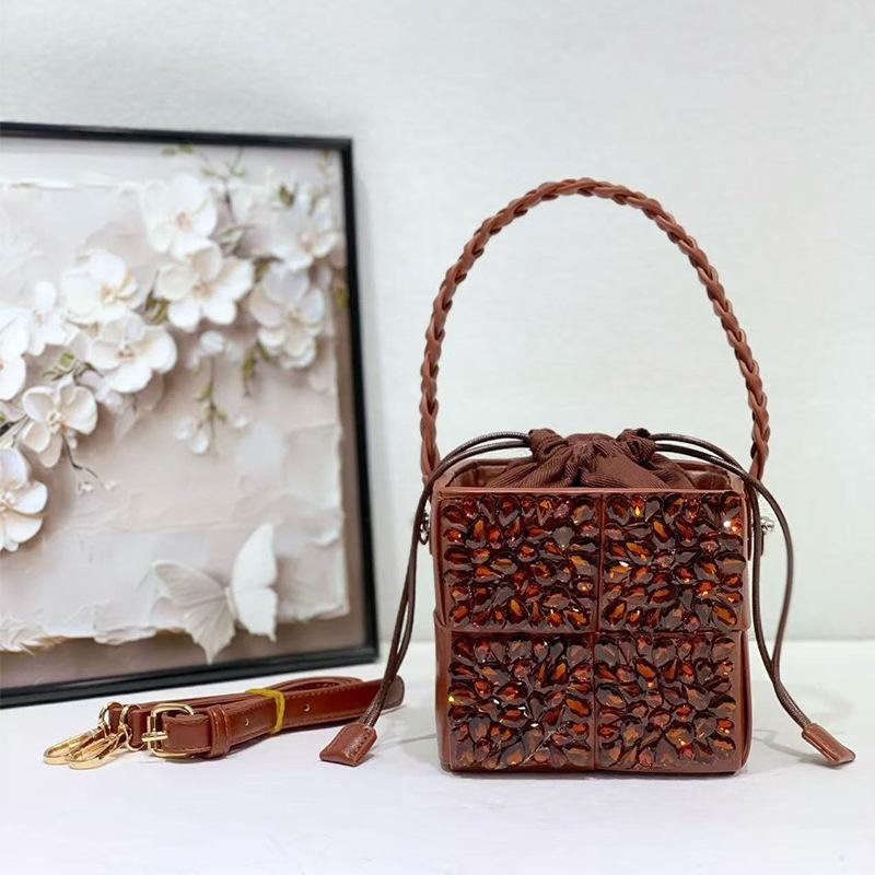 Niche Diamond Inlaid Woven Hand-held Box Bag, Drawstring Drawstring, Small Square Bag, Underarm Hand-held Women's Bag