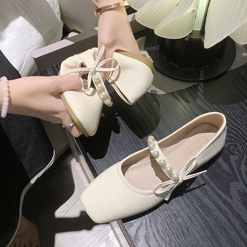 Fashion Mary Jane Women's Shoes 2025 Summer New Korean Version Fashion Shallow Mouth Flat Style Pearl Soft Bottom Small Pu Leather Shoes