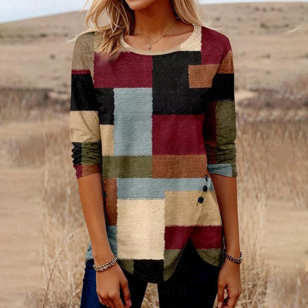 Классические футболки с принтом в виде сетки с длинными рукавами, осенняя хлопковая женская одежда, свободные женские футболки, топы, повседневные уличные футболки с круглым вырезом