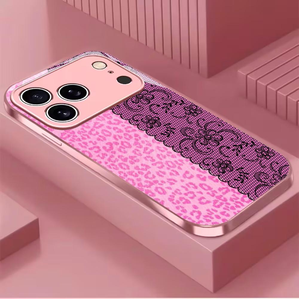 Luxury Pink Leopard & Lace phone case mobile phones for iphone 17 pro max cover Glass for iPhone 17 16 15 14 13 12 11pm Pro Plus