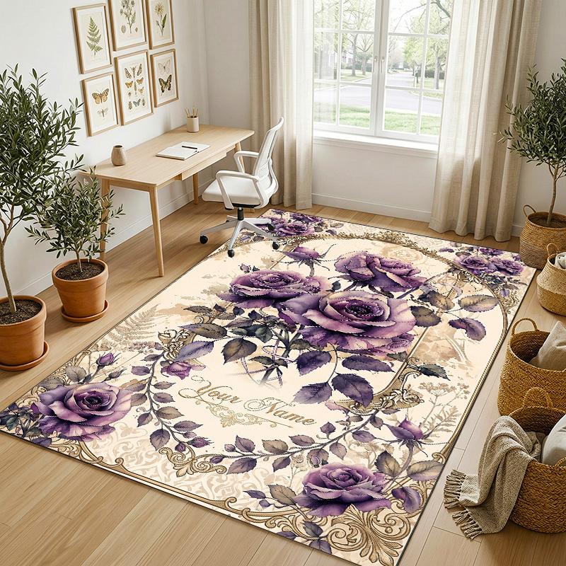 Purple Leopard Theme Soft Crystal Velvet Rug Custom Name & Text Print Non Slip Floor Rug for Bedroom Living Room