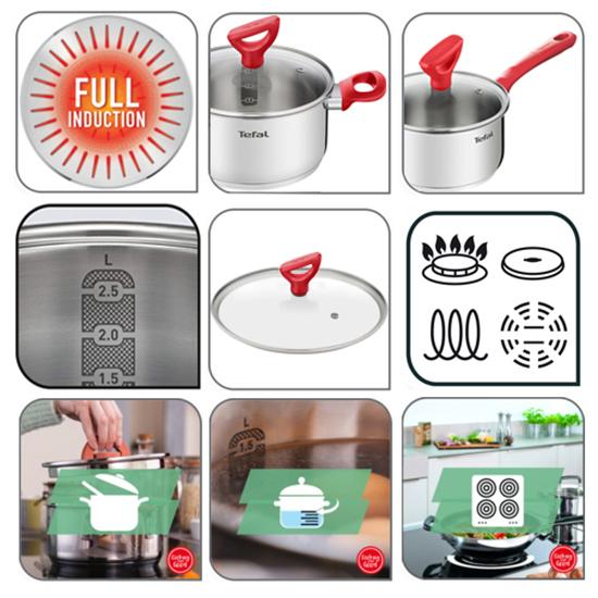 Tefal Индукционная кастрюля из красной нержавеющей стали Edition (16 см, 1,5 л) Можно мыть в посудомоечной машине в духовке без PFOA Silver