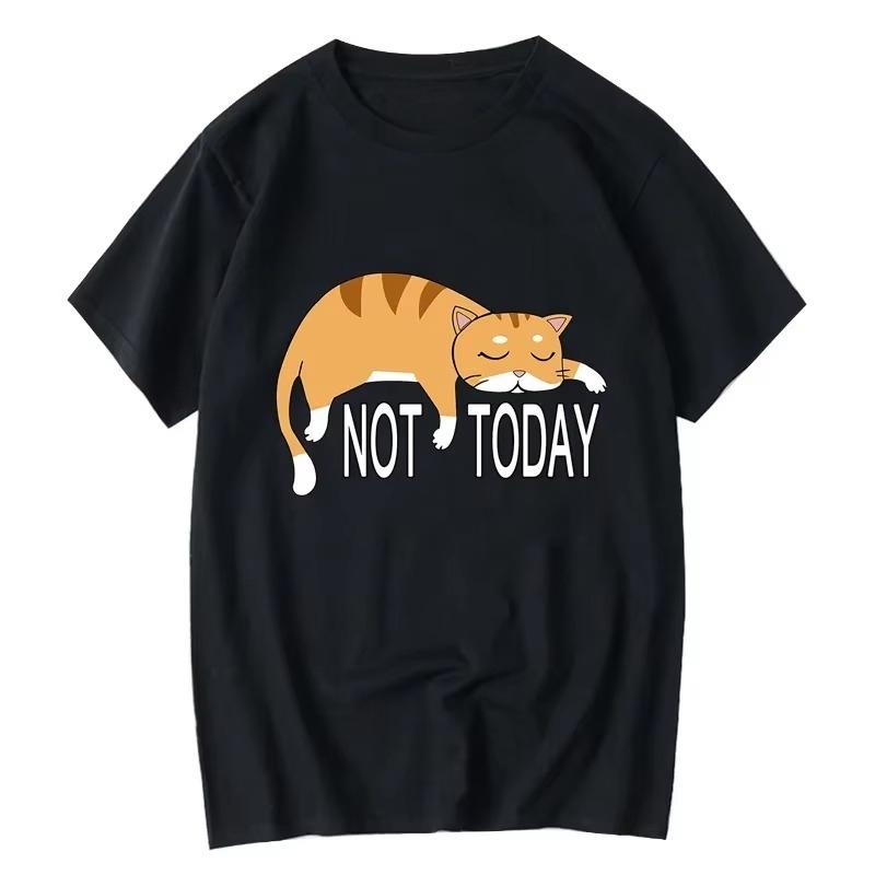 2026 Summer Men's T-shirt High Quality Cotton Blend Funny Lazy Cat Printing Casual Cool Loose O-neck h