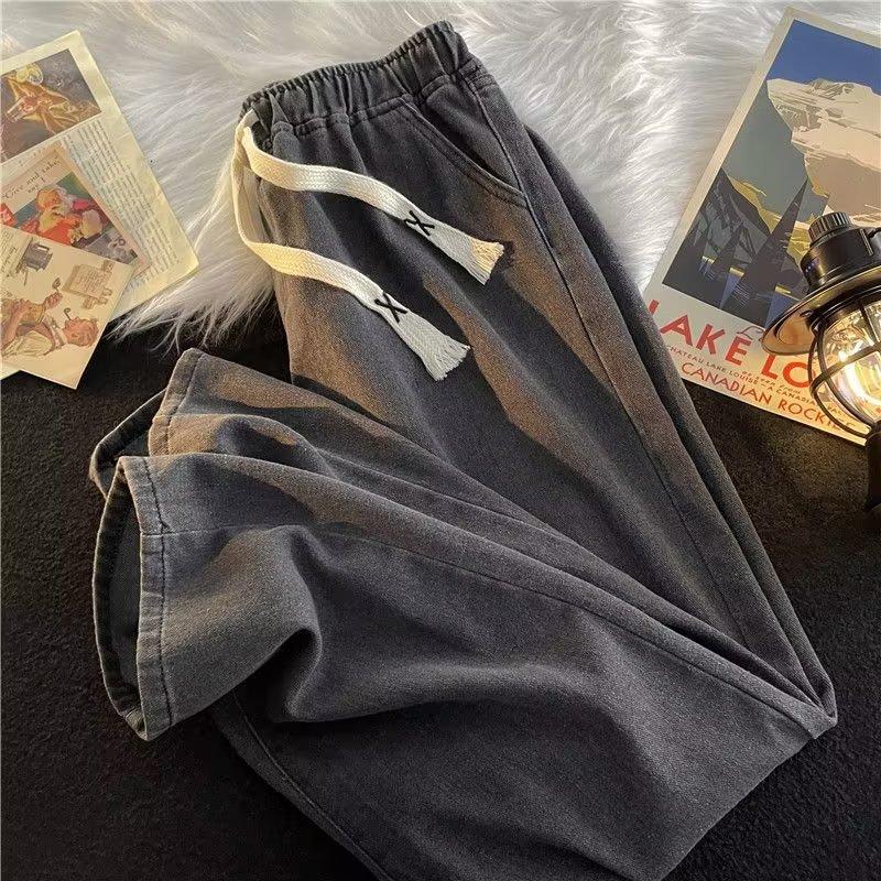 Spring And Autumn Harajuku Hong Kong Style Simple Loose Trend Ins Versatile Casual Drawstring Straight Long Pants Jeans For Men