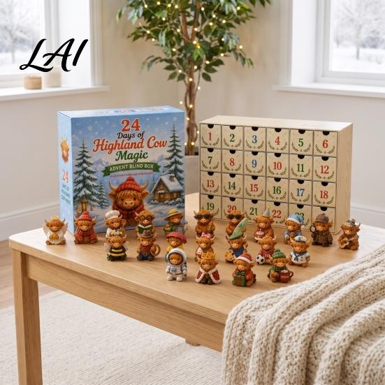 Farmhouse Style Holiday Accents Magic Animal Advent Calendar 24-Day Highland Cow/Cat/Sheep/Red Bird Acrylic Ornament Set Collectible Figures 2D Flat